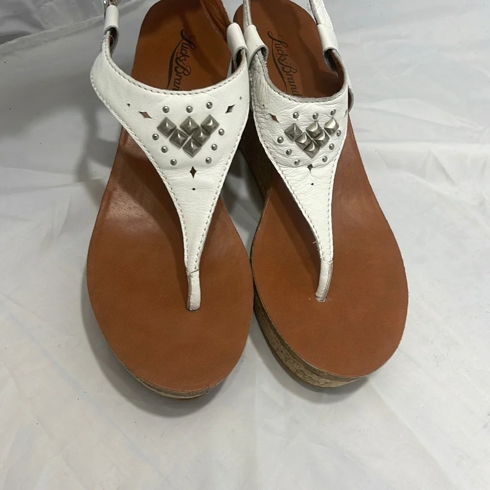 Lucky Brand White Leather Studded Cork Wedge Sandals‎ Womens Boho Thong Platform